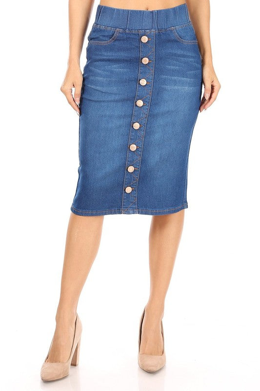 Elastic Waist Button Denim Skirt